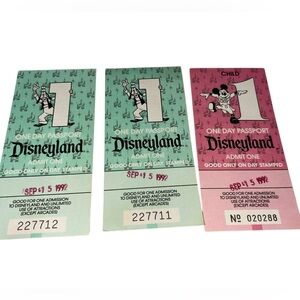Vintage Disneyland 1992 One day Passport tickets - 2 adult and 1 child